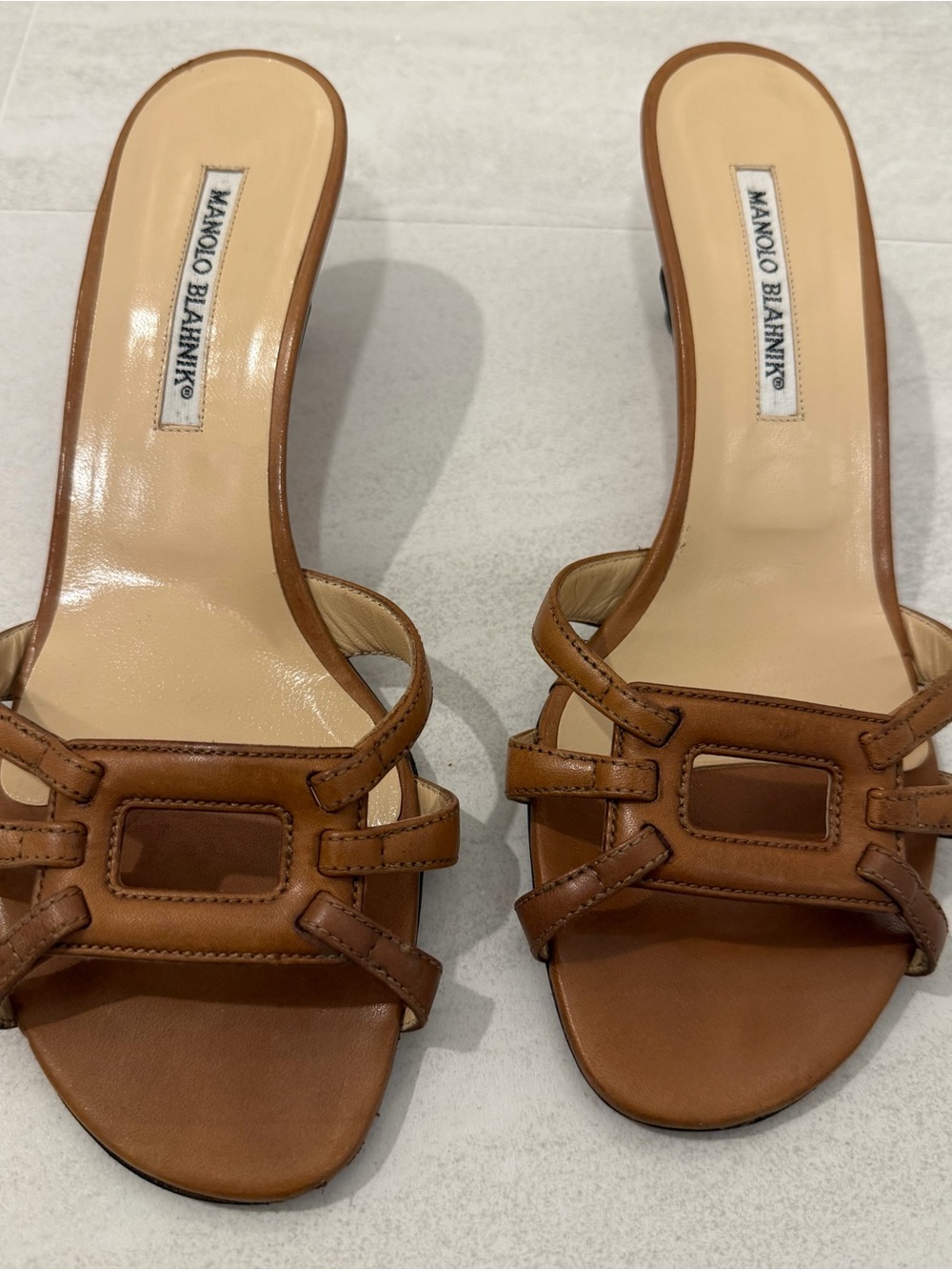 Manolo Blahnik Tan Leather Strappy Slide Mules